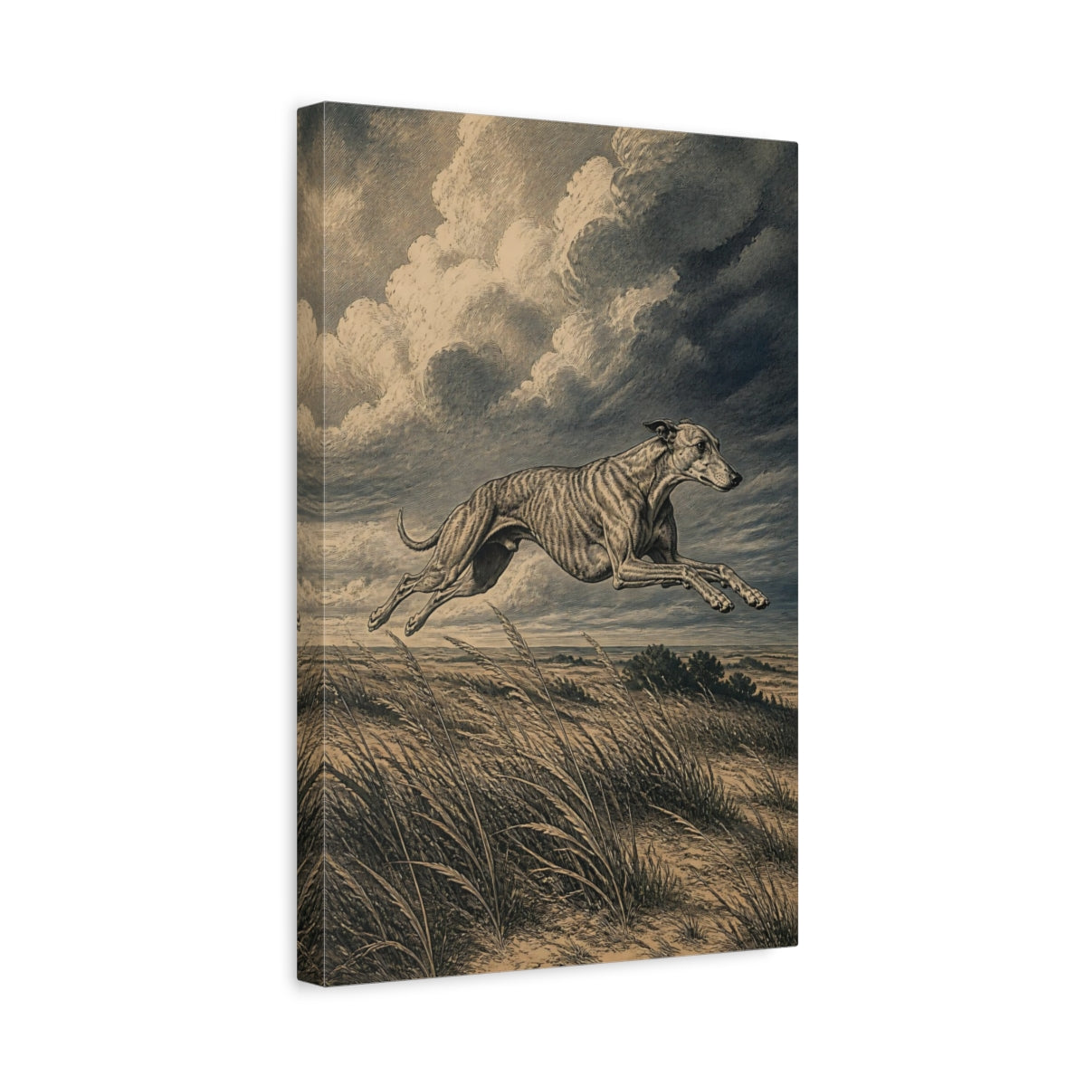 Side Mockup 4. Leaping Pet Greyhound shown as canvas print