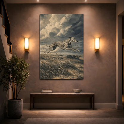 Mockup 2. Leaping Pet Greyhound shown as canvas print