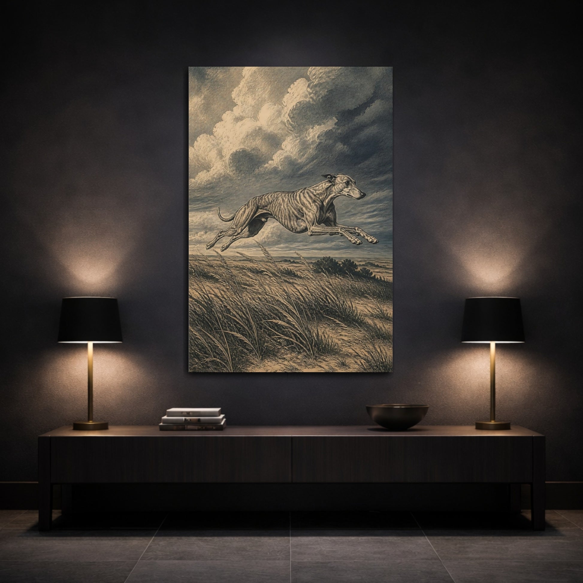 Mockup 3. Leaping Pet Greyhound shown as canvas print