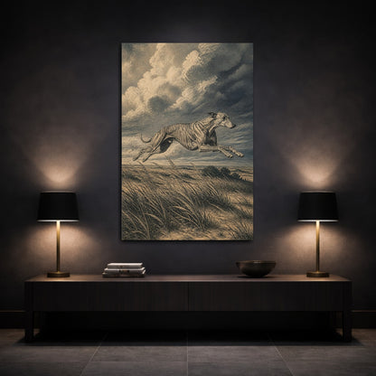 Mockup 3. Leaping Pet Greyhound shown as canvas print