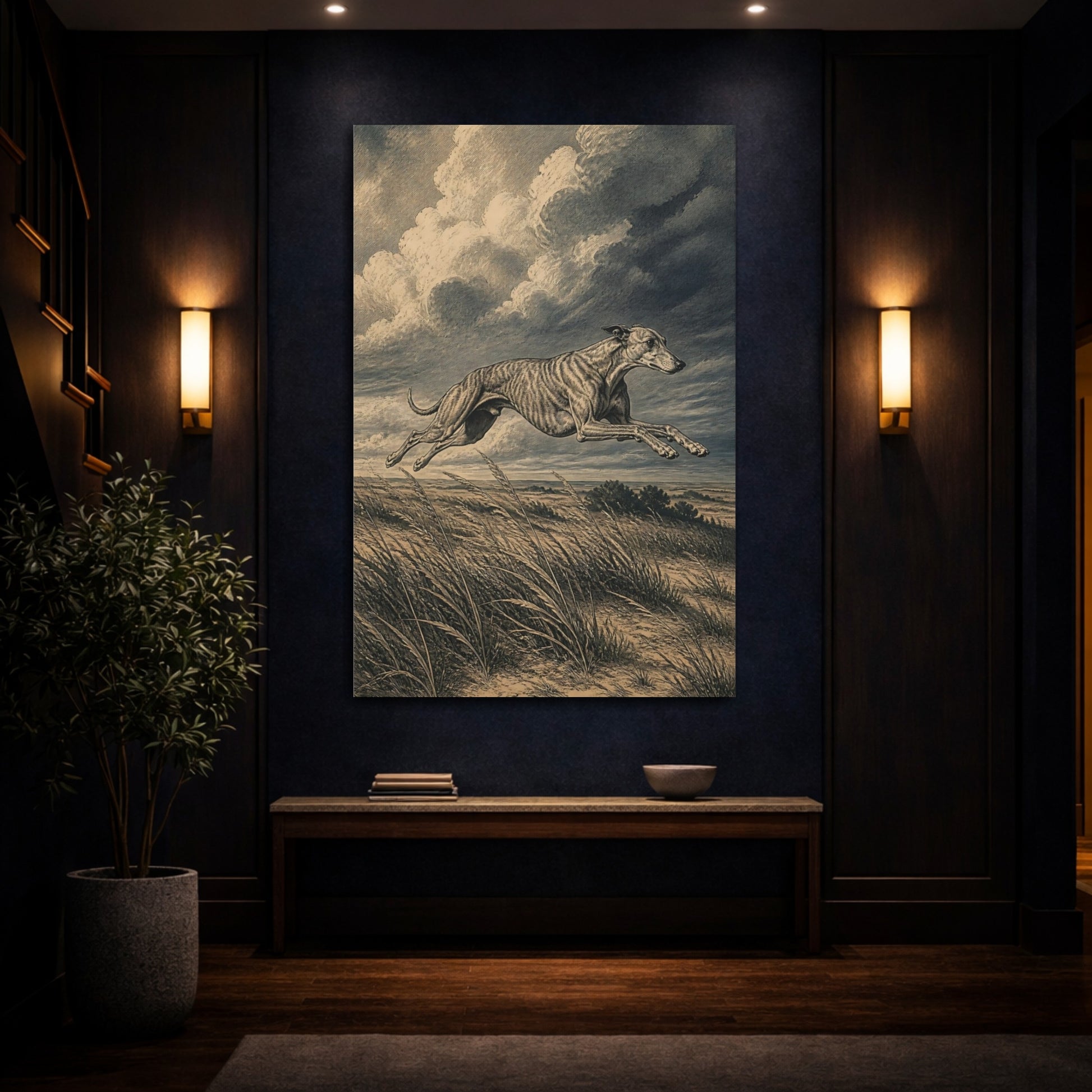 Mockup 4. Leaping Pet Greyhound shown as canvas print