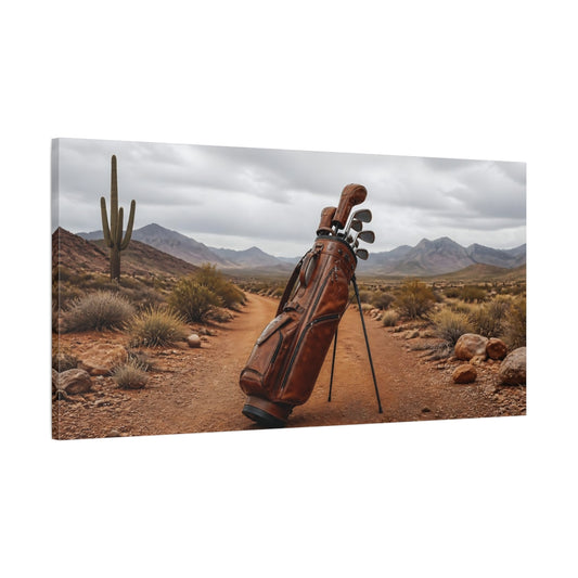 Main Mockup. Leather Golf Bag In Desert shown as canvas print