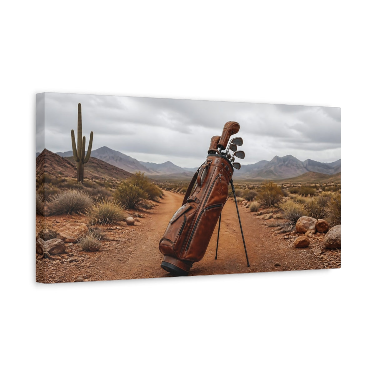 Side Mockup 3. Leather Golf Bag In Desert shown as canvas print