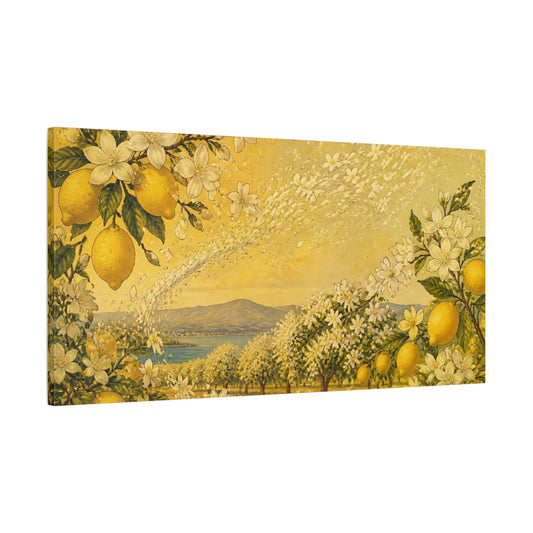 Main Mockup. Lemon Blossom Orchard shown as canvas print