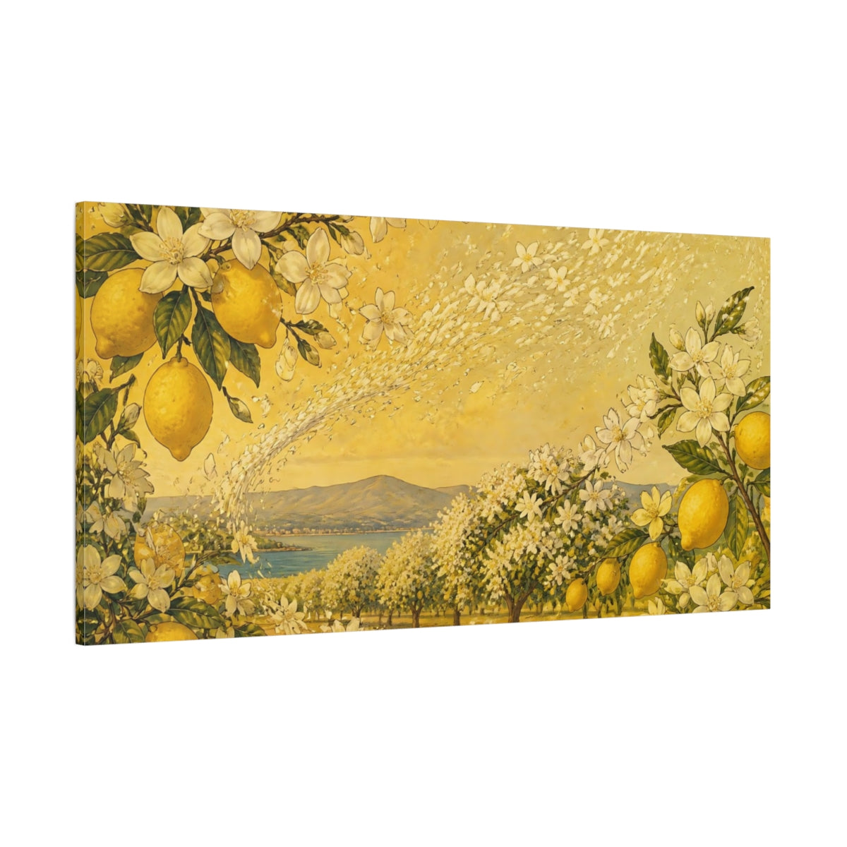 Side Mockup 2. Lemon Blossom Orchard shown as canvas print