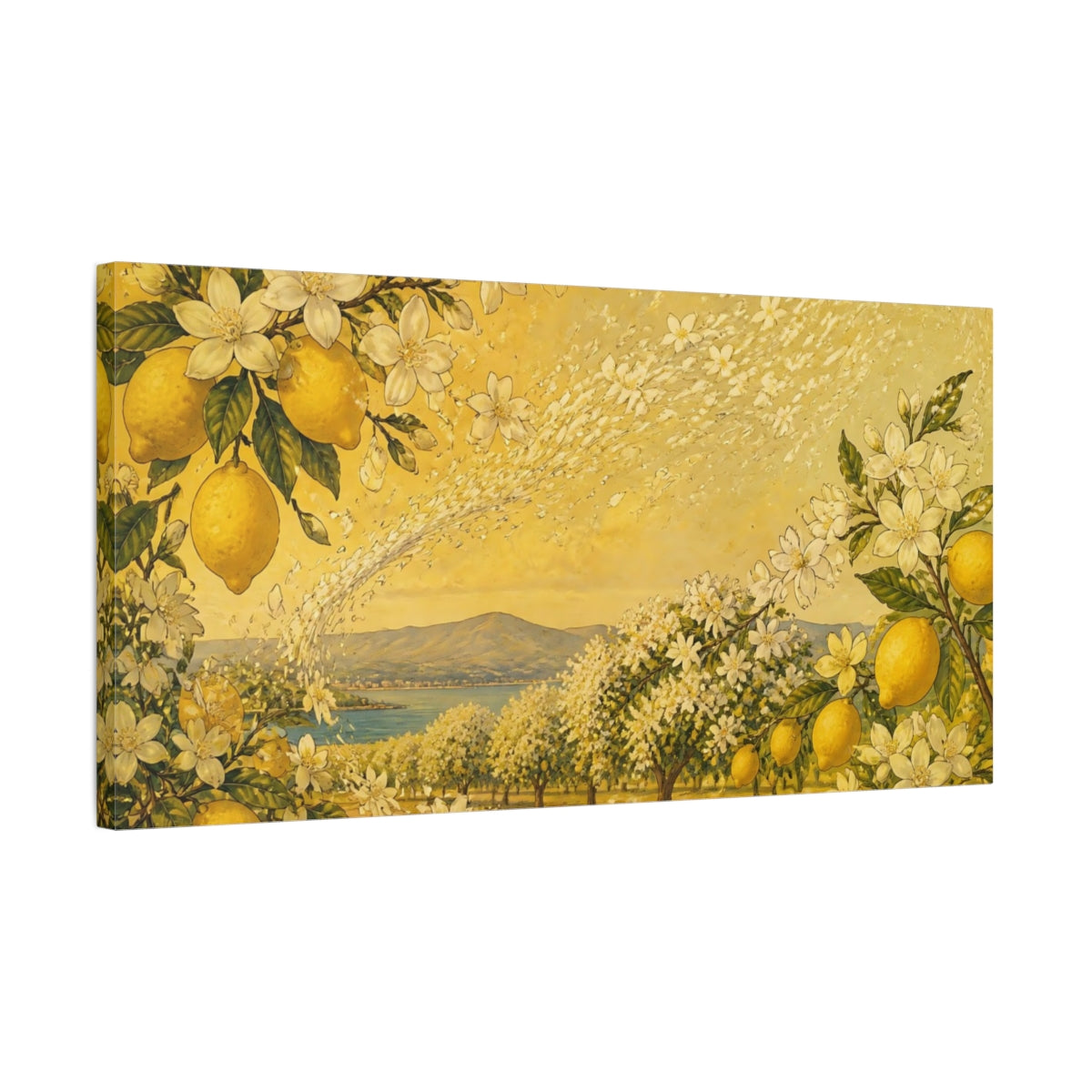 Side Mockup 1. Lemon Blossom Orchard shown as canvas print