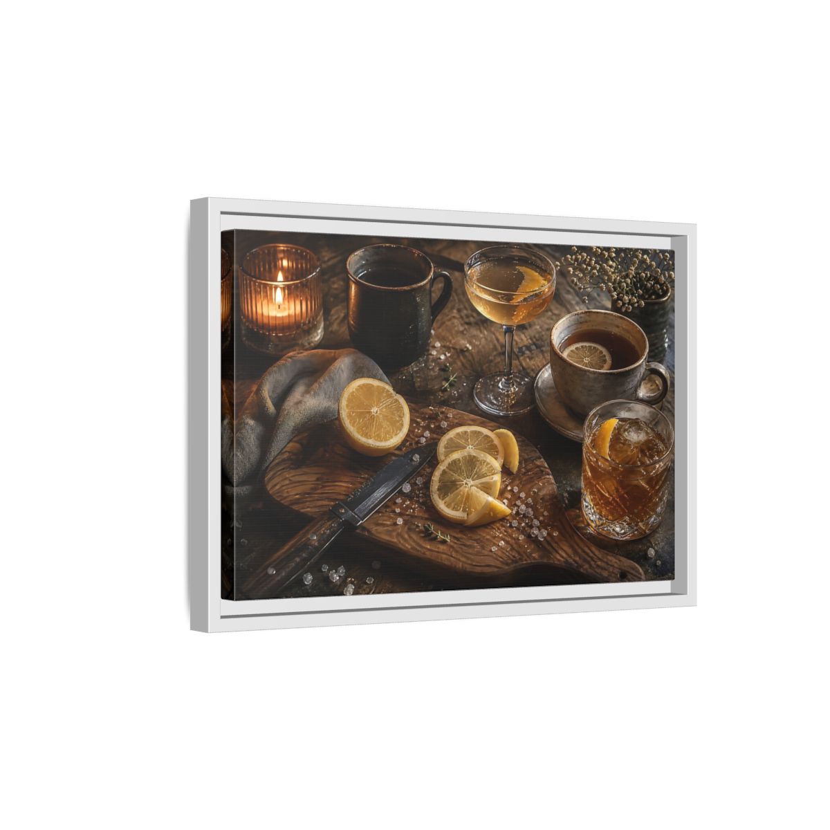 Side Mockup 4. Lemon Cocktail Still Life shown as framed canvas print