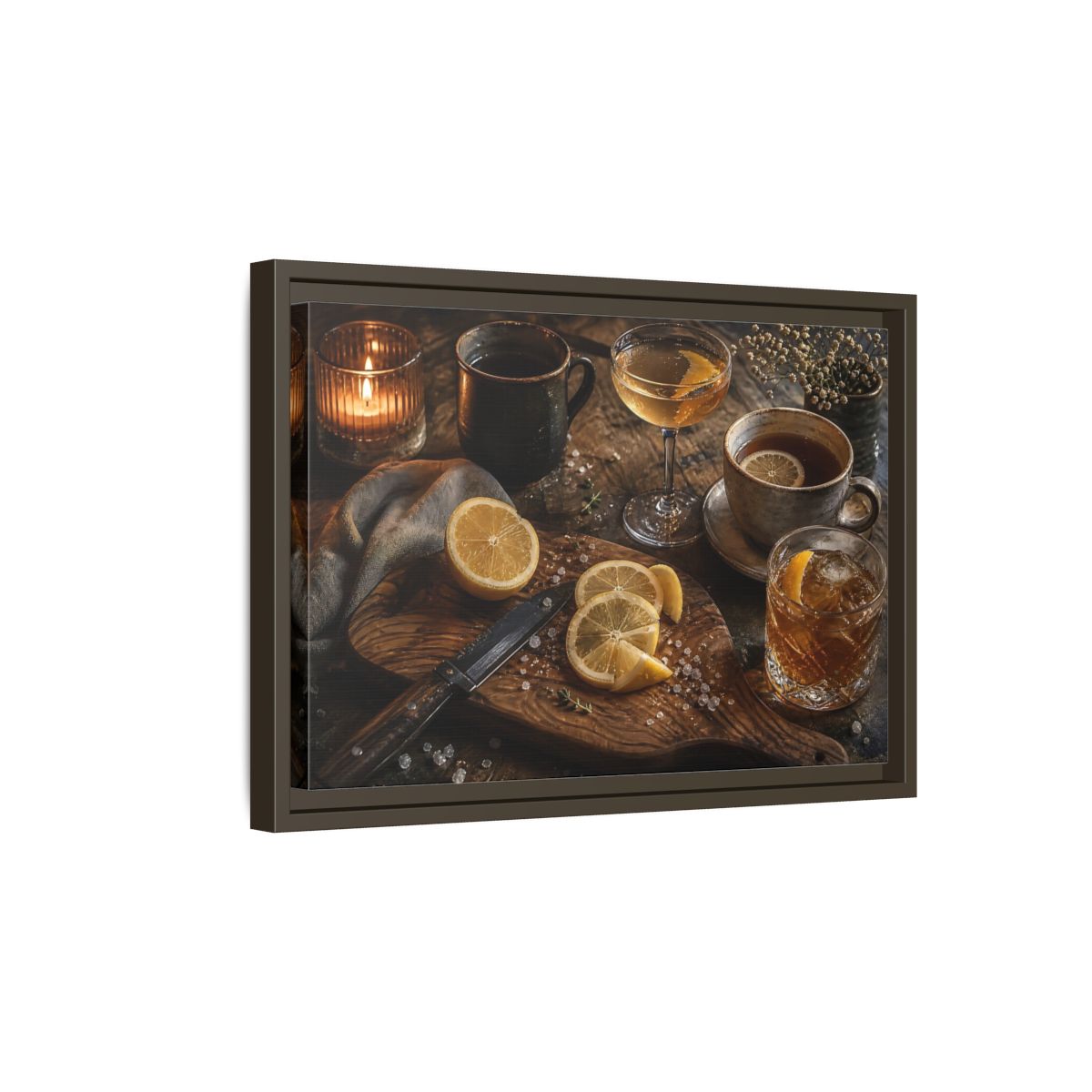 Side Mockup 5. Lemon Cocktail Still Life shown as framed canvas print