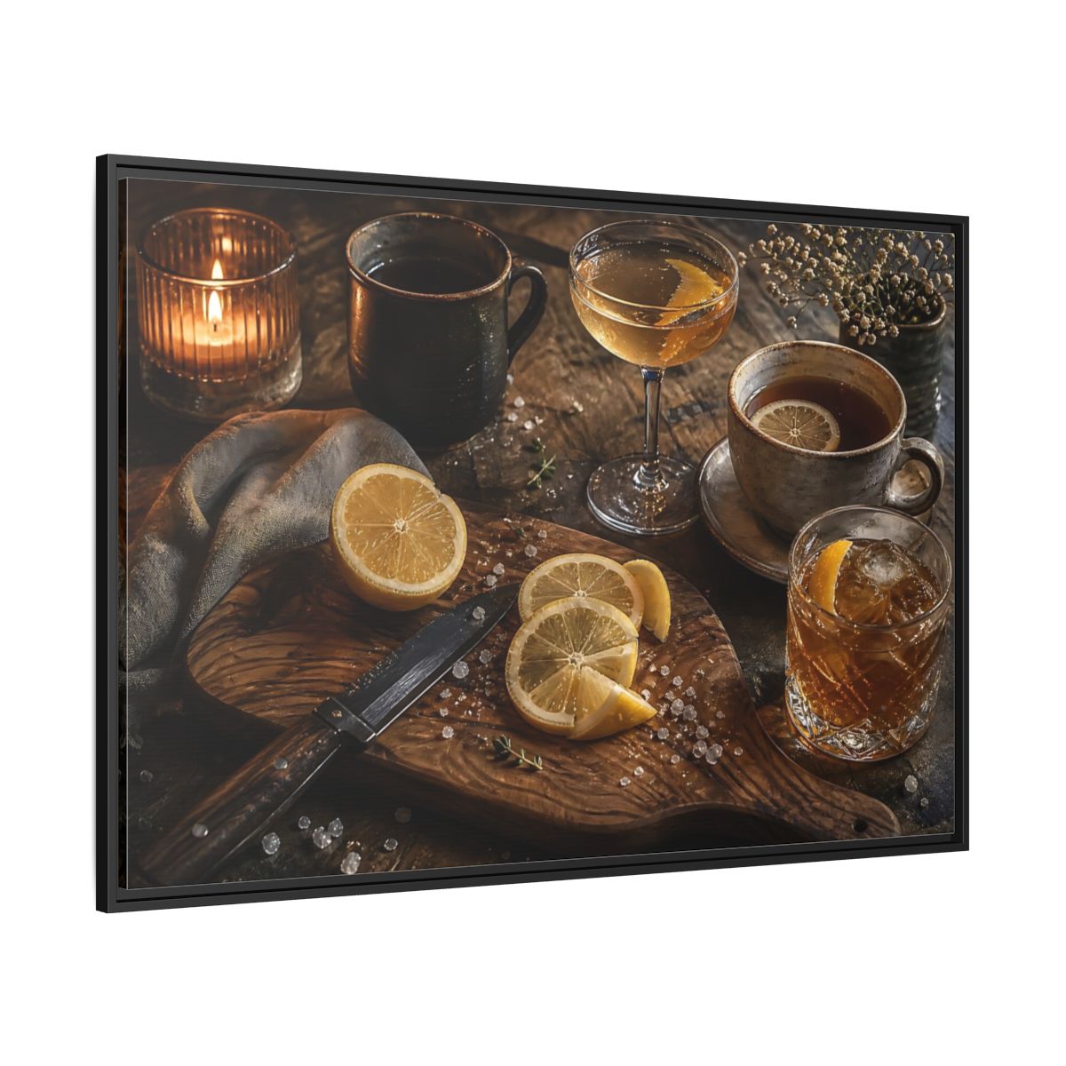 Side Mockup 12. Lemon Cocktail Still Life shown as framed canvas print