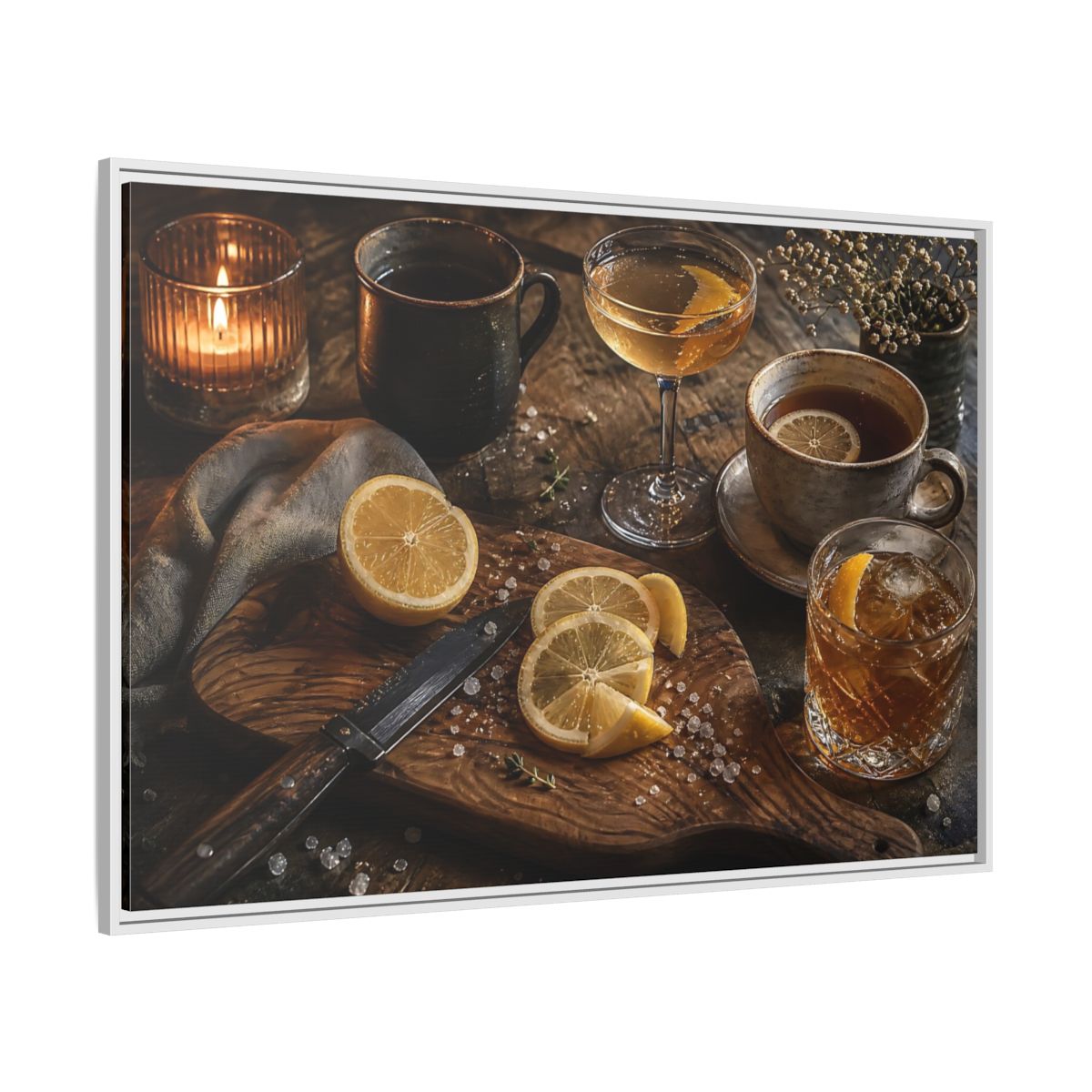 Side Mockup 7. Lemon Cocktail Still Life shown as framed canvas print