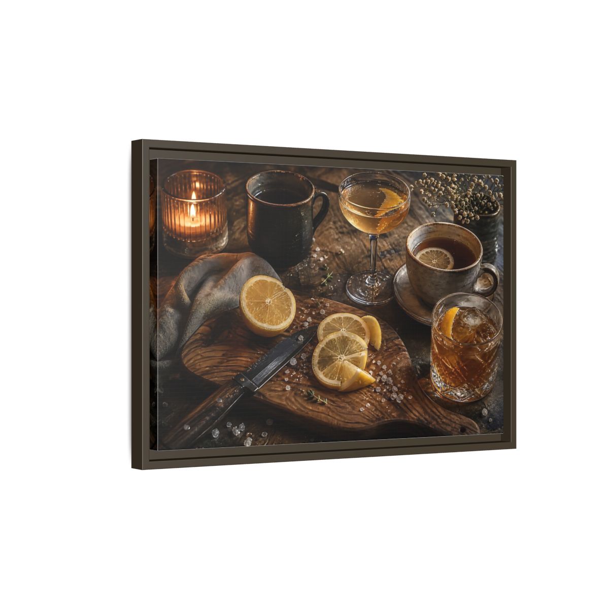 Side Mockup 2. Lemon Cocktail Still Life shown as framed canvas print