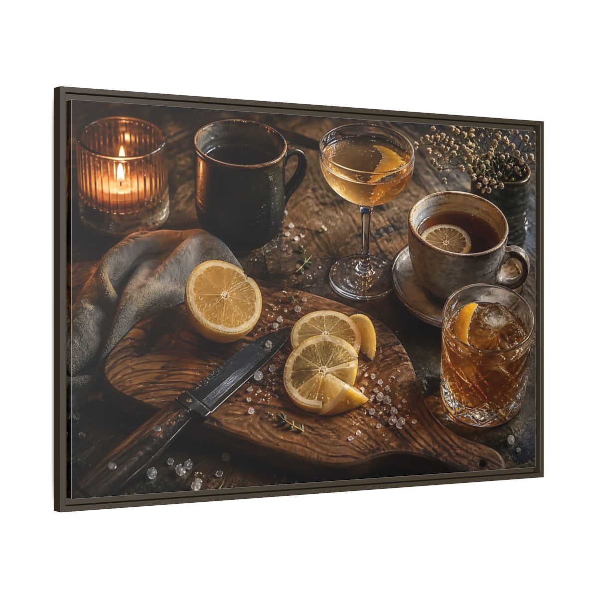 Side Mockup 8. Lemon Cocktail Still Life shown as framed canvas print