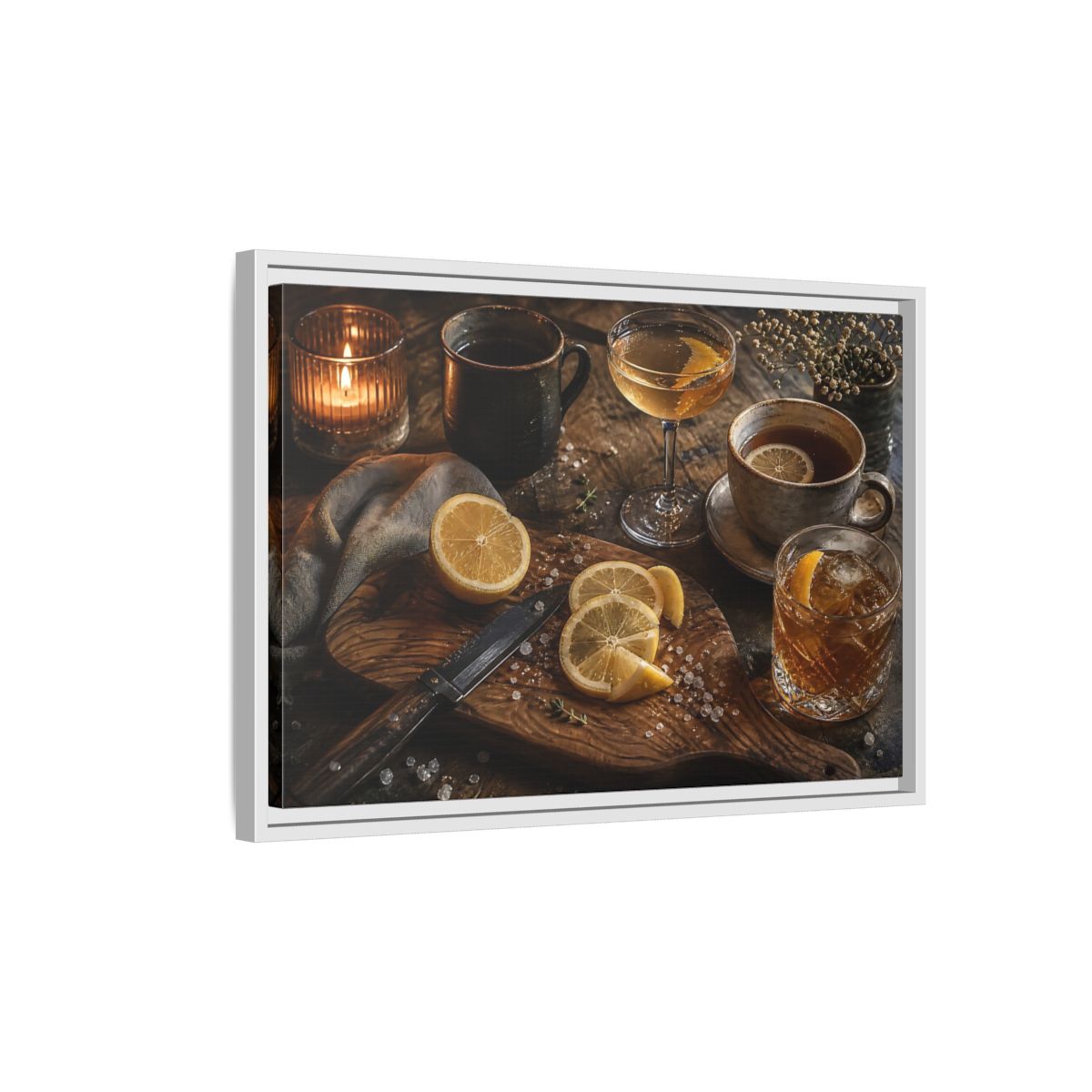Side Mockup 1. Lemon Cocktail Still Life shown as framed canvas print