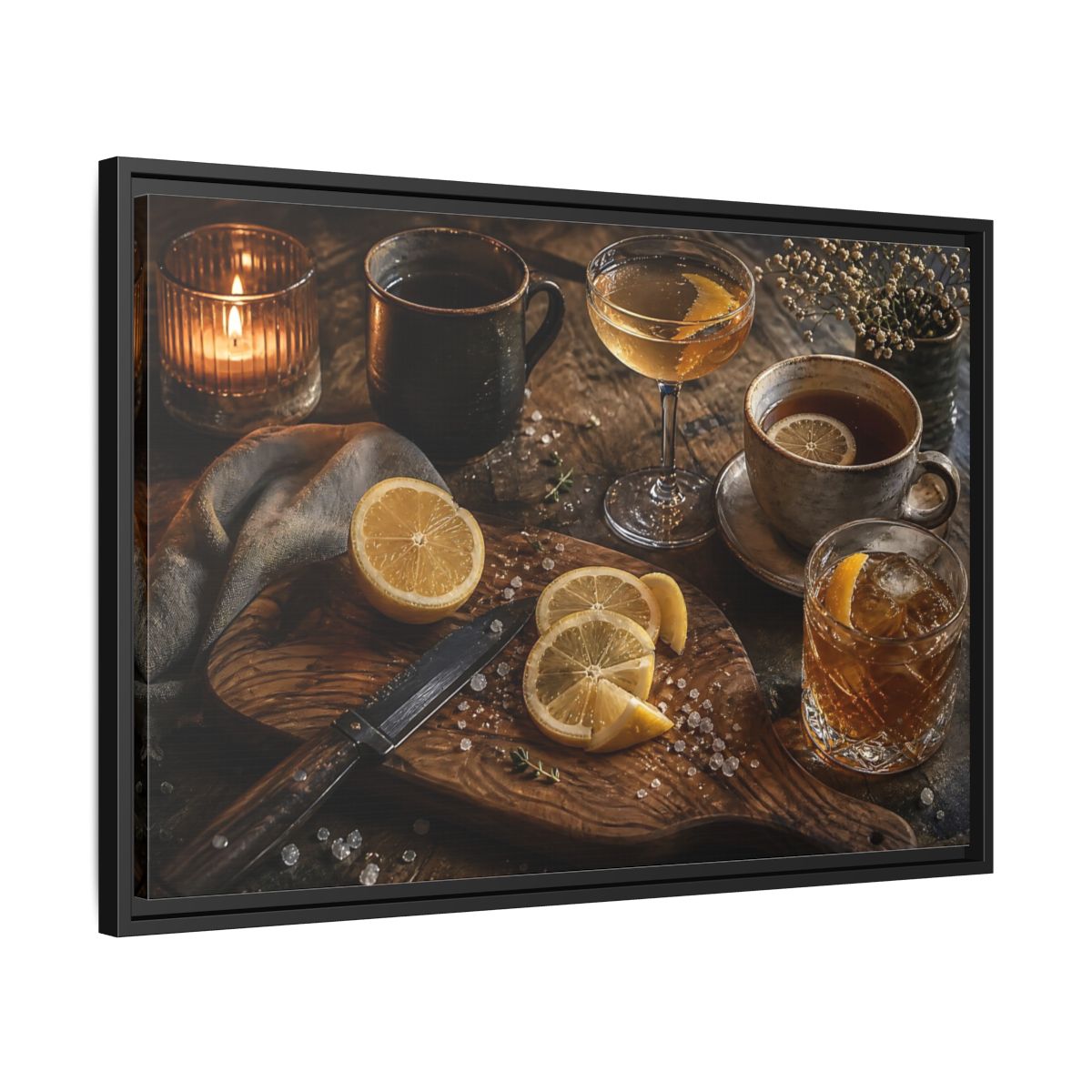 Side Mockup 14. Lemon Cocktail Still Life shown as framed canvas print