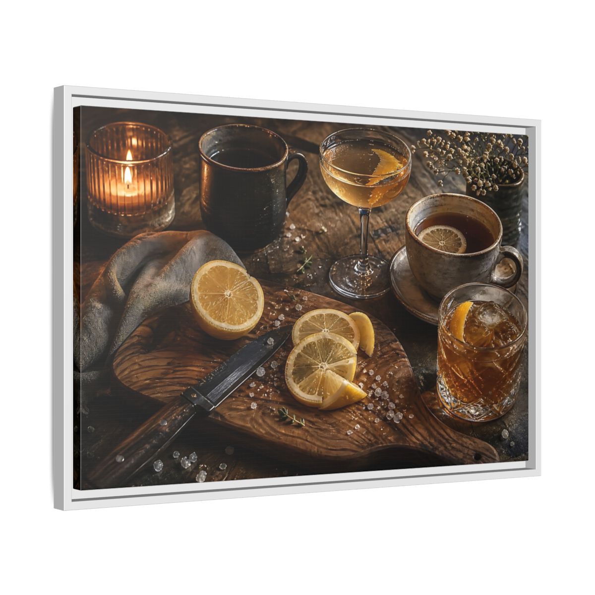 Side Mockup 10. Lemon Cocktail Still Life shown as framed canvas print