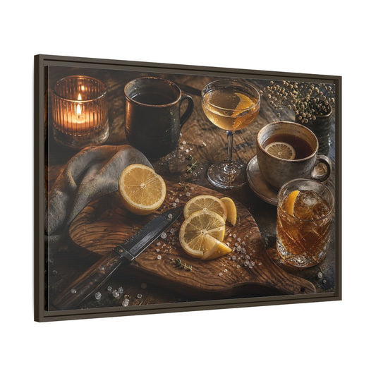 Main Mockup. Lemon Cocktail Still Life shown as framed canvas print