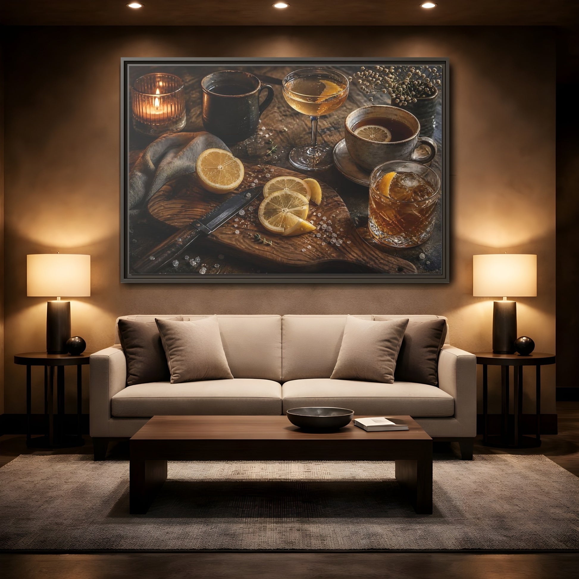 Mockup 2. Lemon Cocktail Still Life shown as framed canvas print