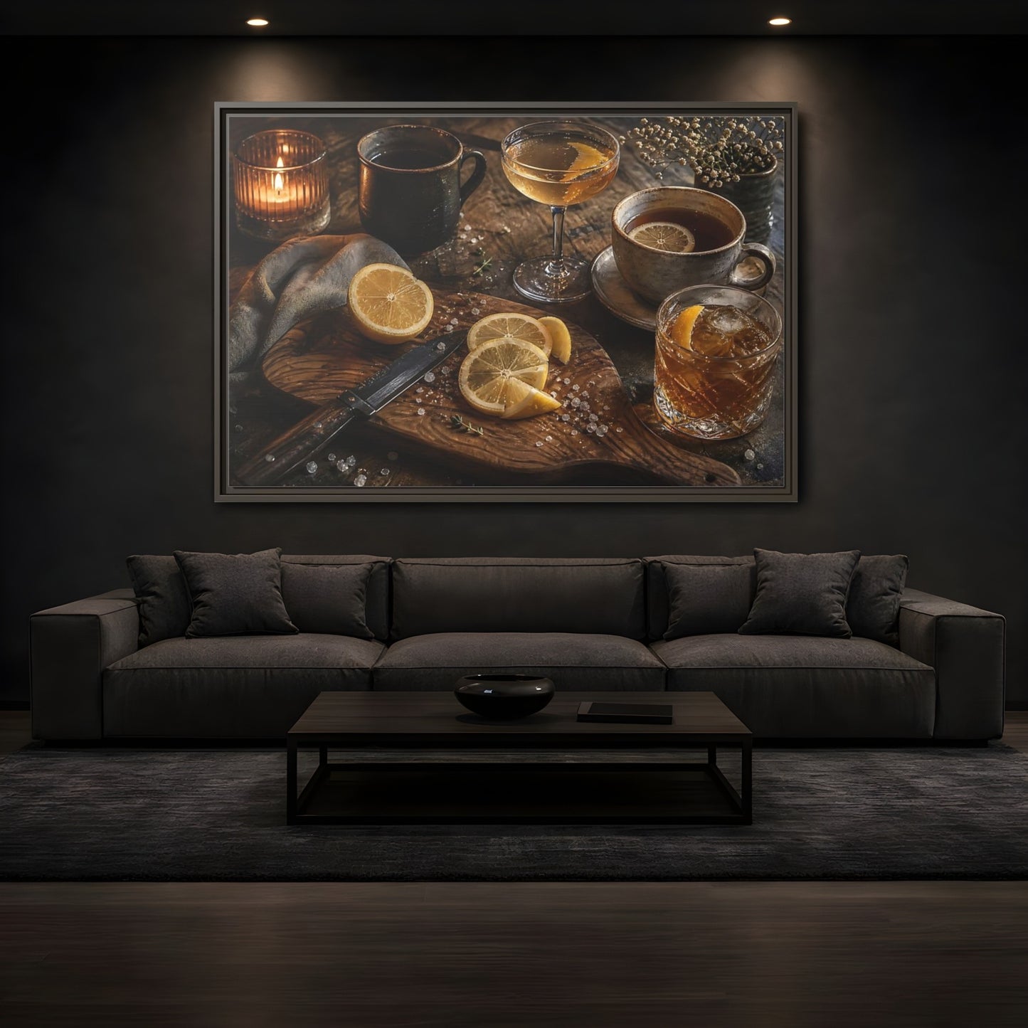 Mockup 3. Lemon Cocktail Still Life shown as framed canvas print