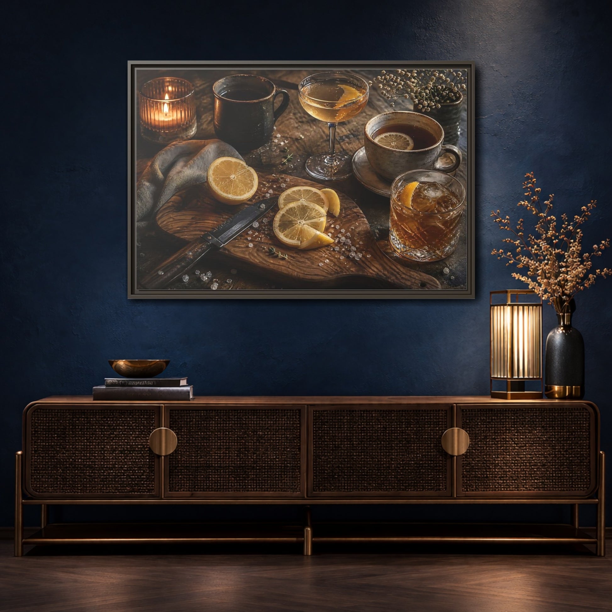 Mockup 4. Lemon Cocktail Still Life shown as framed canvas print