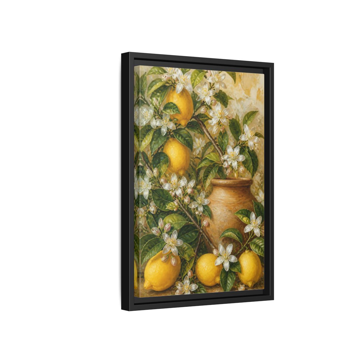 Side Mockup 6. Lemon Floral Still Life shown as framed canvas print