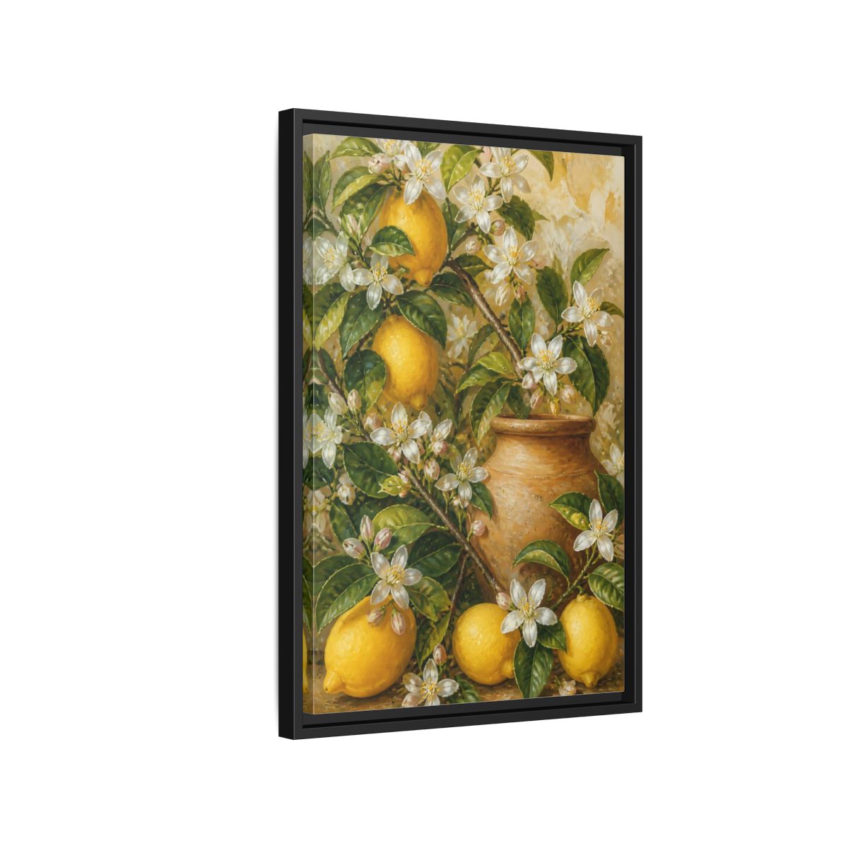 Side Mockup 3. Lemon Floral Still Life shown as framed canvas print