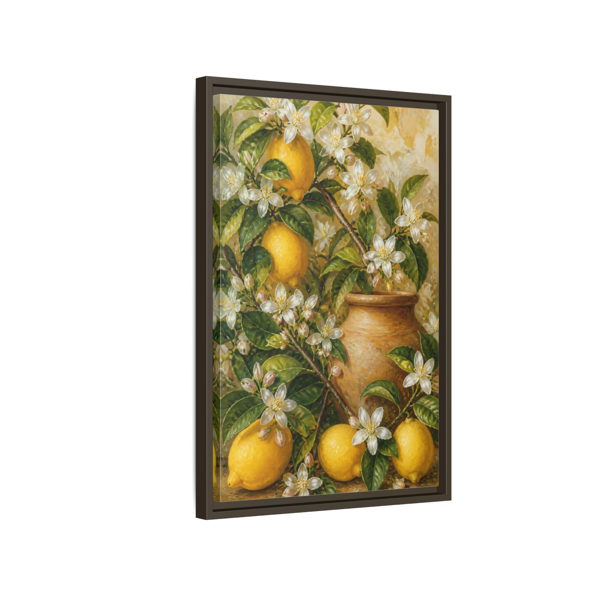Side Mockup 2. Lemon Floral Still Life shown as framed canvas print