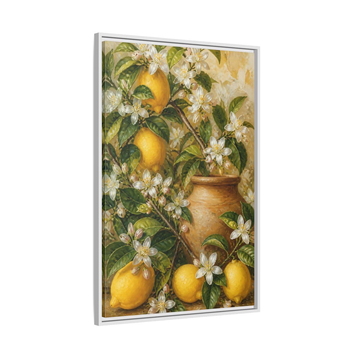Side Mockup 9. Lemon Floral Still Life shown as framed canvas print