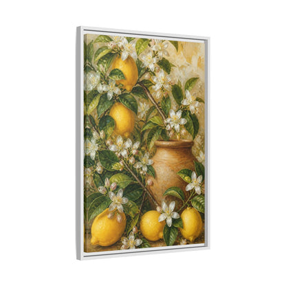 Side Mockup 10. Lemon Floral Still Life shown as framed canvas print