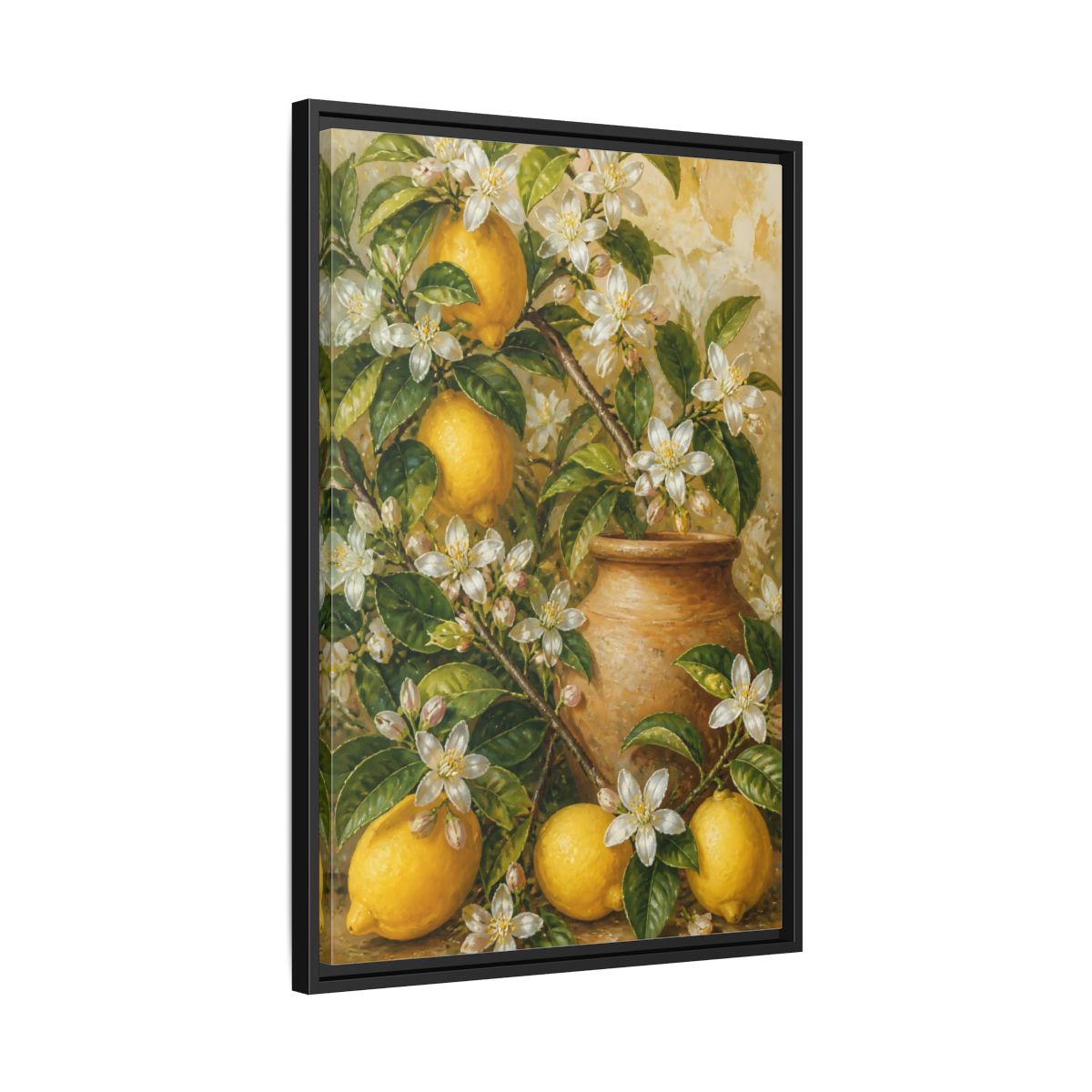 Side Mockup 14. Lemon Floral Still Life shown as framed canvas print