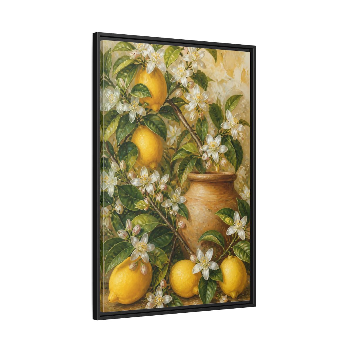 Side Mockup 13. Lemon Floral Still Life shown as framed canvas print