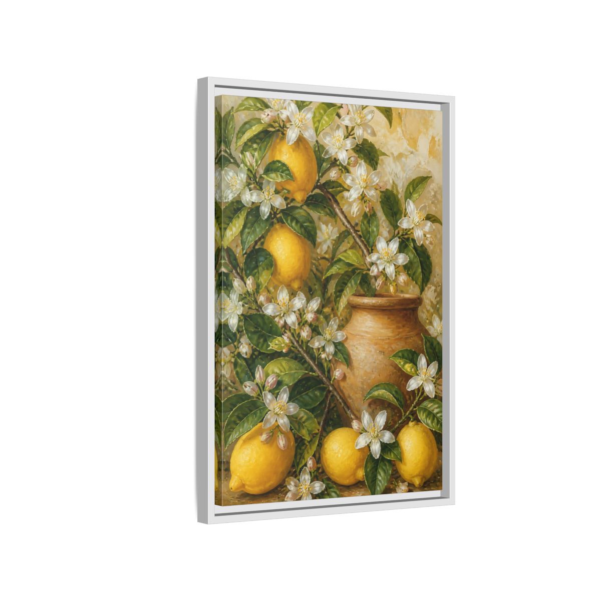 Side Mockup 1. Lemon Floral Still Life shown as framed canvas print