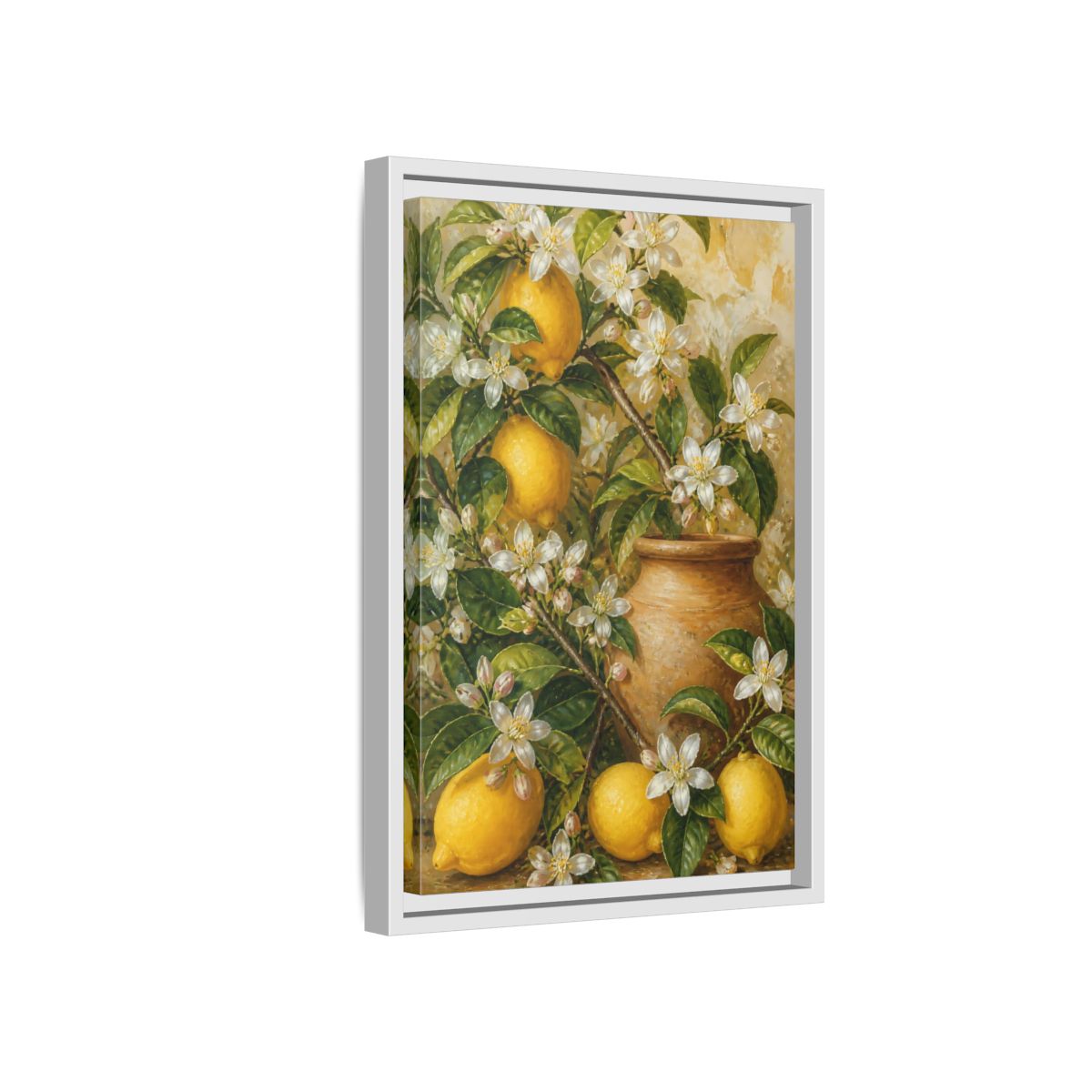 Side Mockup 4. Lemon Floral Still Life shown as framed canvas print