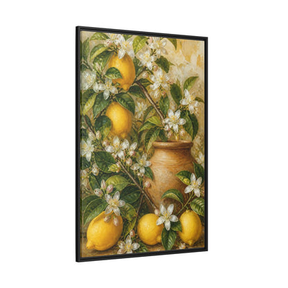 Side Mockup 12. Lemon Floral Still Life shown as framed canvas print