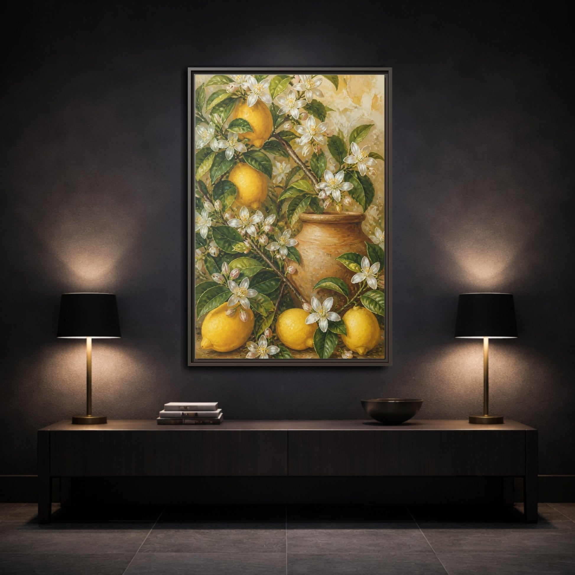 Mockup 3. Lemon Floral Still Life shown as framed canvas print