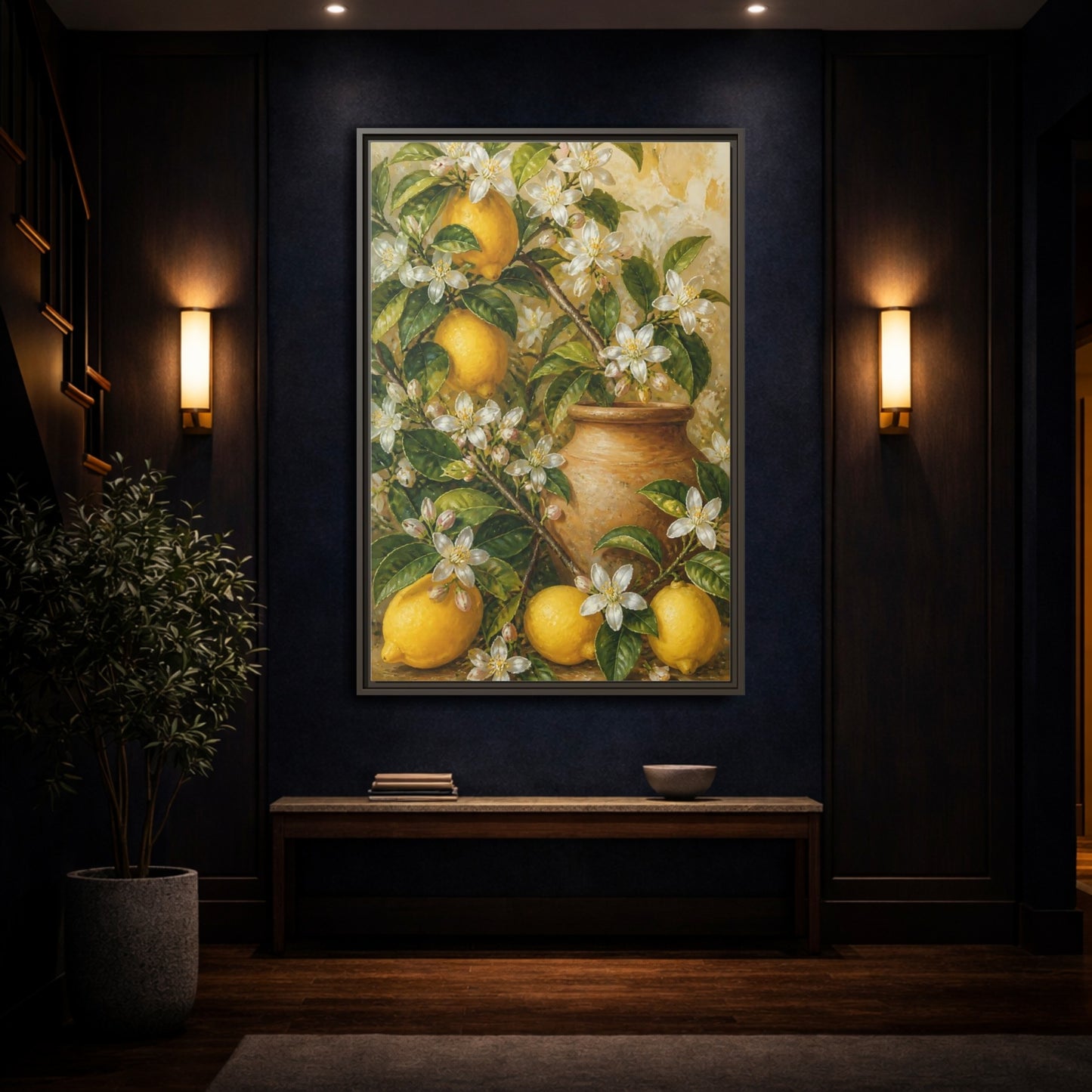 Mockup 4. Lemon Floral Still Life shown as framed canvas print
