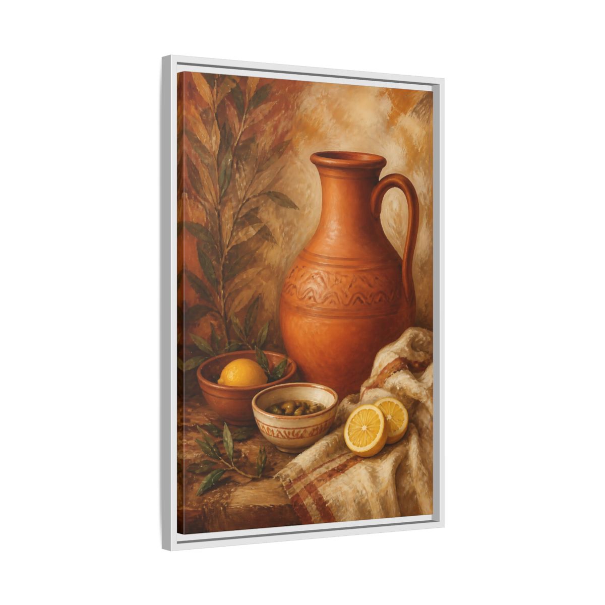 Side Mockup 10. Lemons And Terracotta Jug shown as framed canvas print