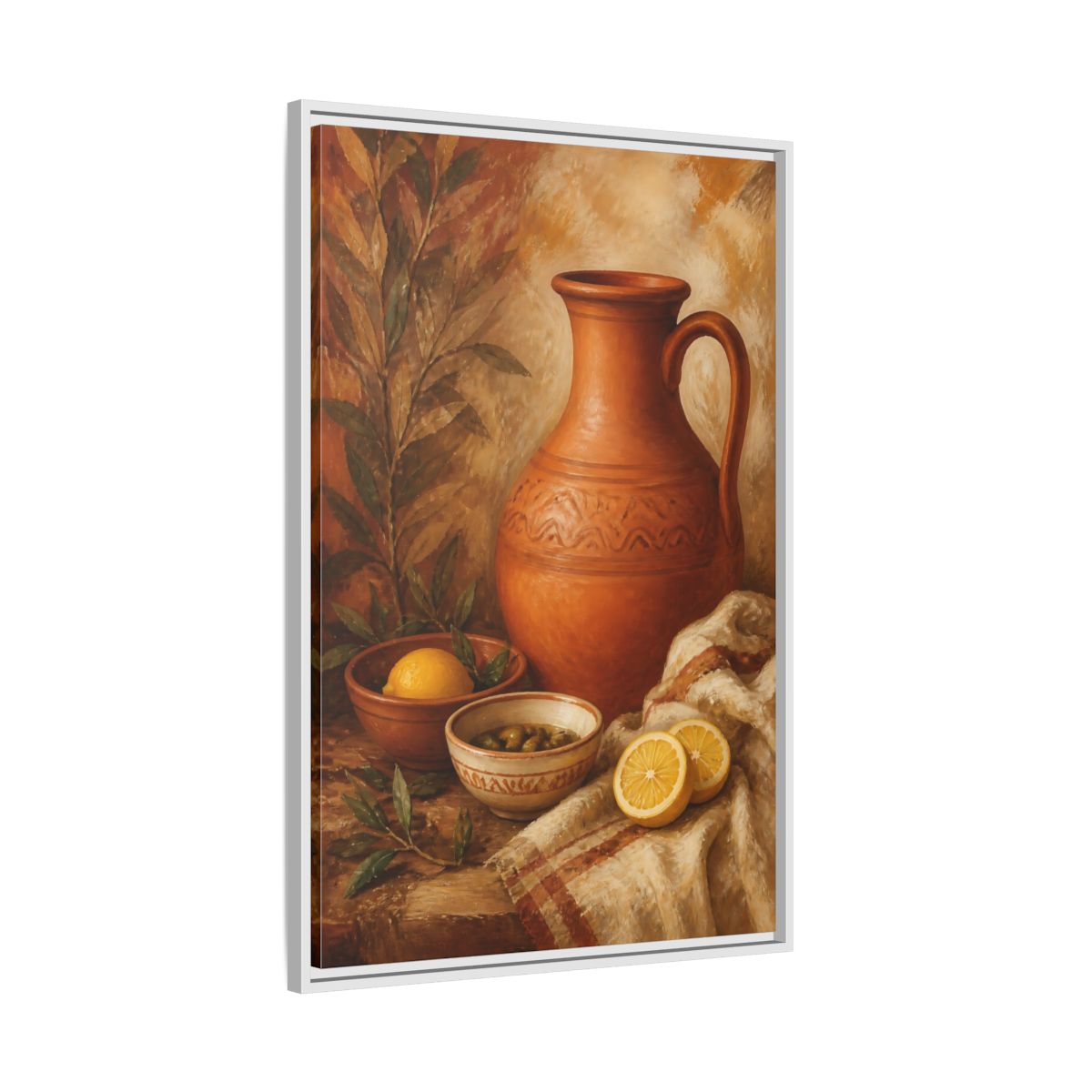 Side Mockup 9. Lemons And Terracotta Jug shown as framed canvas print