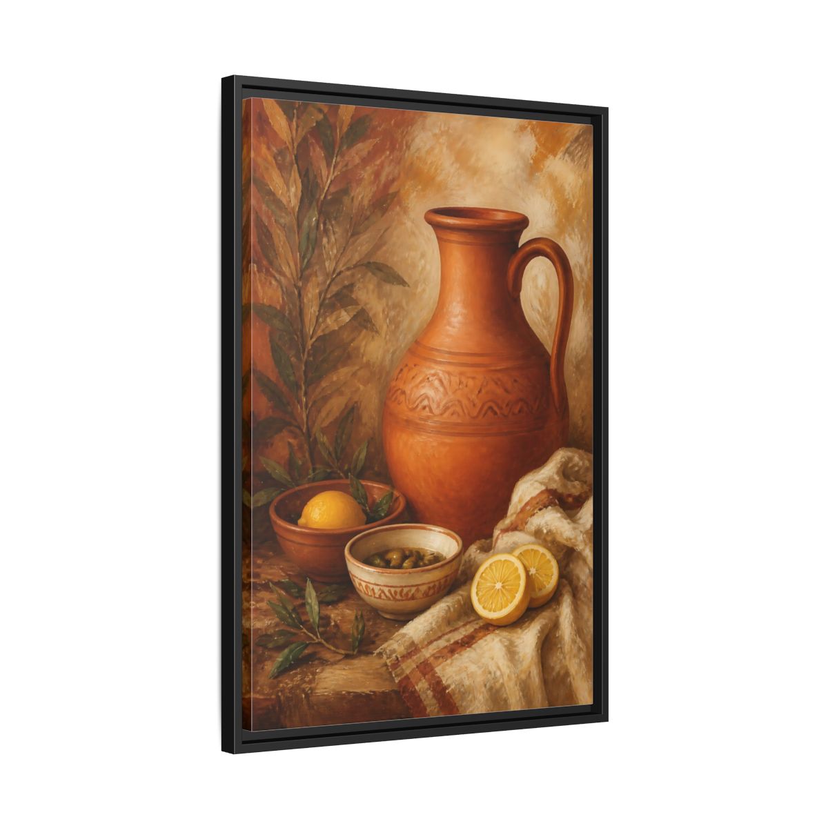 Side Mockup 14. Lemons And Terracotta Jug shown as framed canvas print