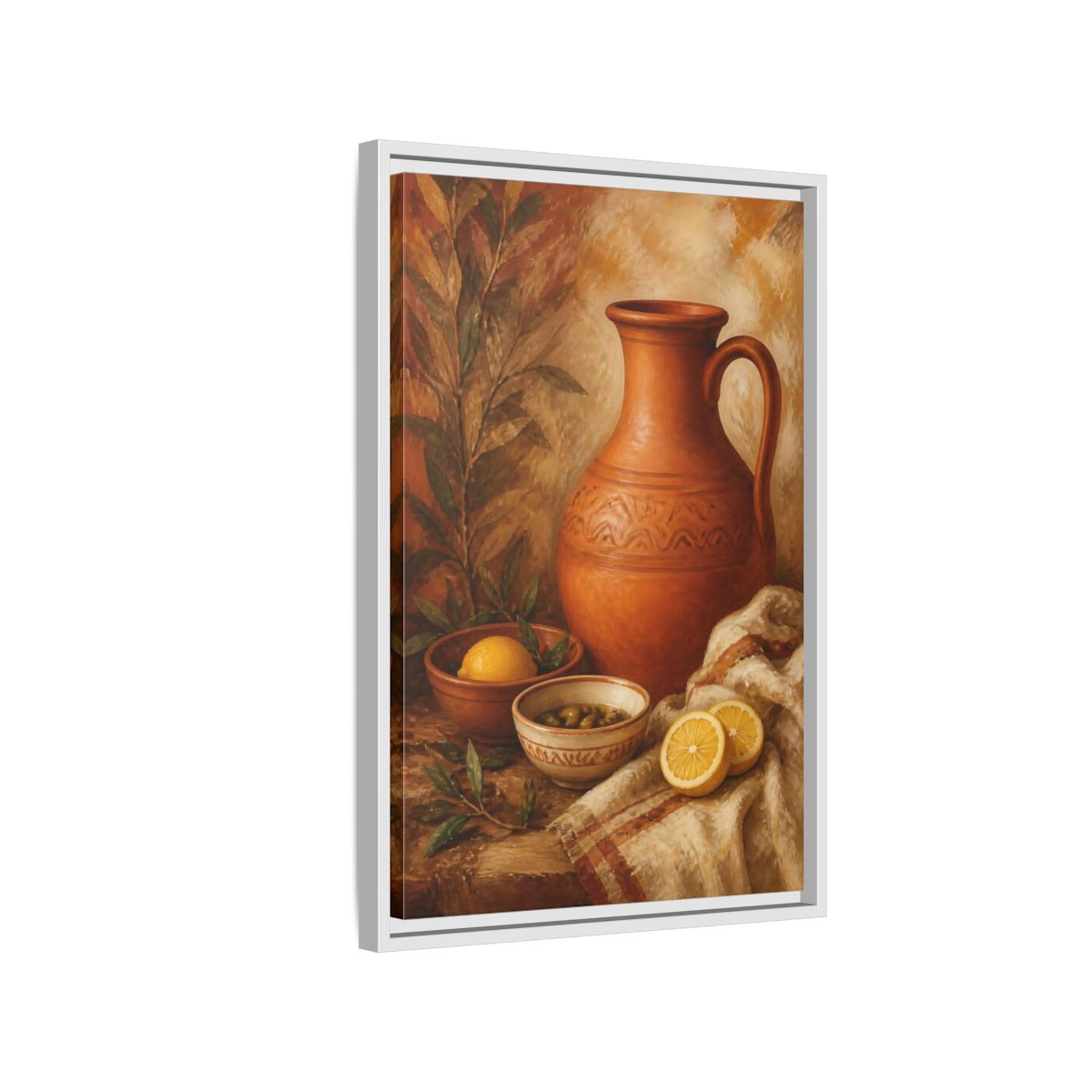 Side Mockup 1. Lemons And Terracotta Jug shown as framed canvas print