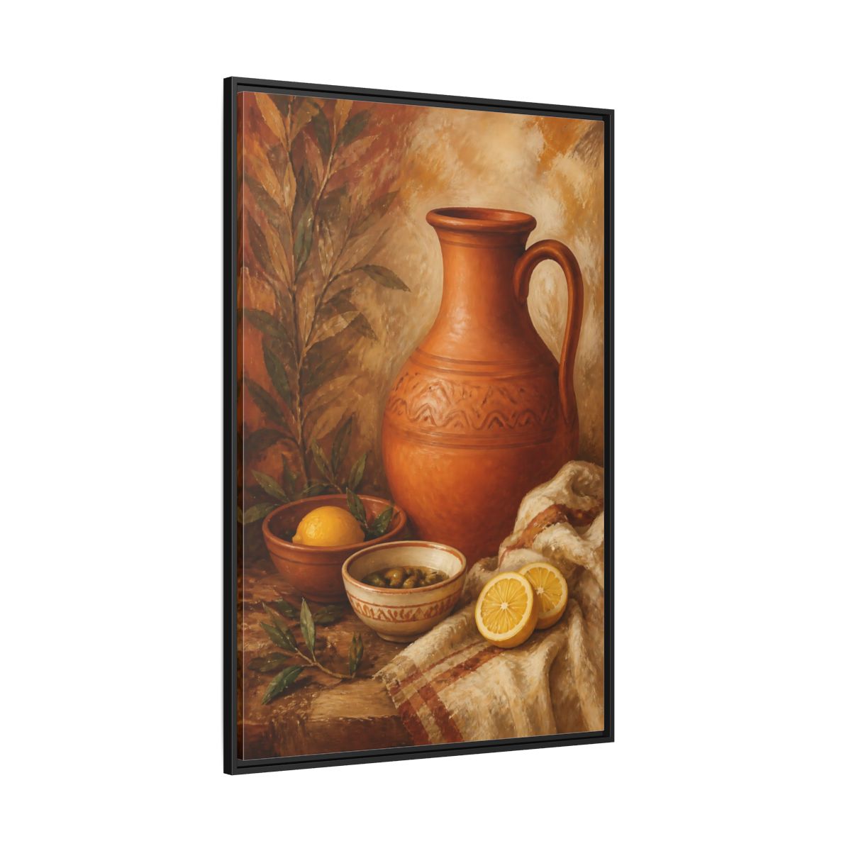 Side Mockup 12. Lemons And Terracotta Jug shown as framed canvas print