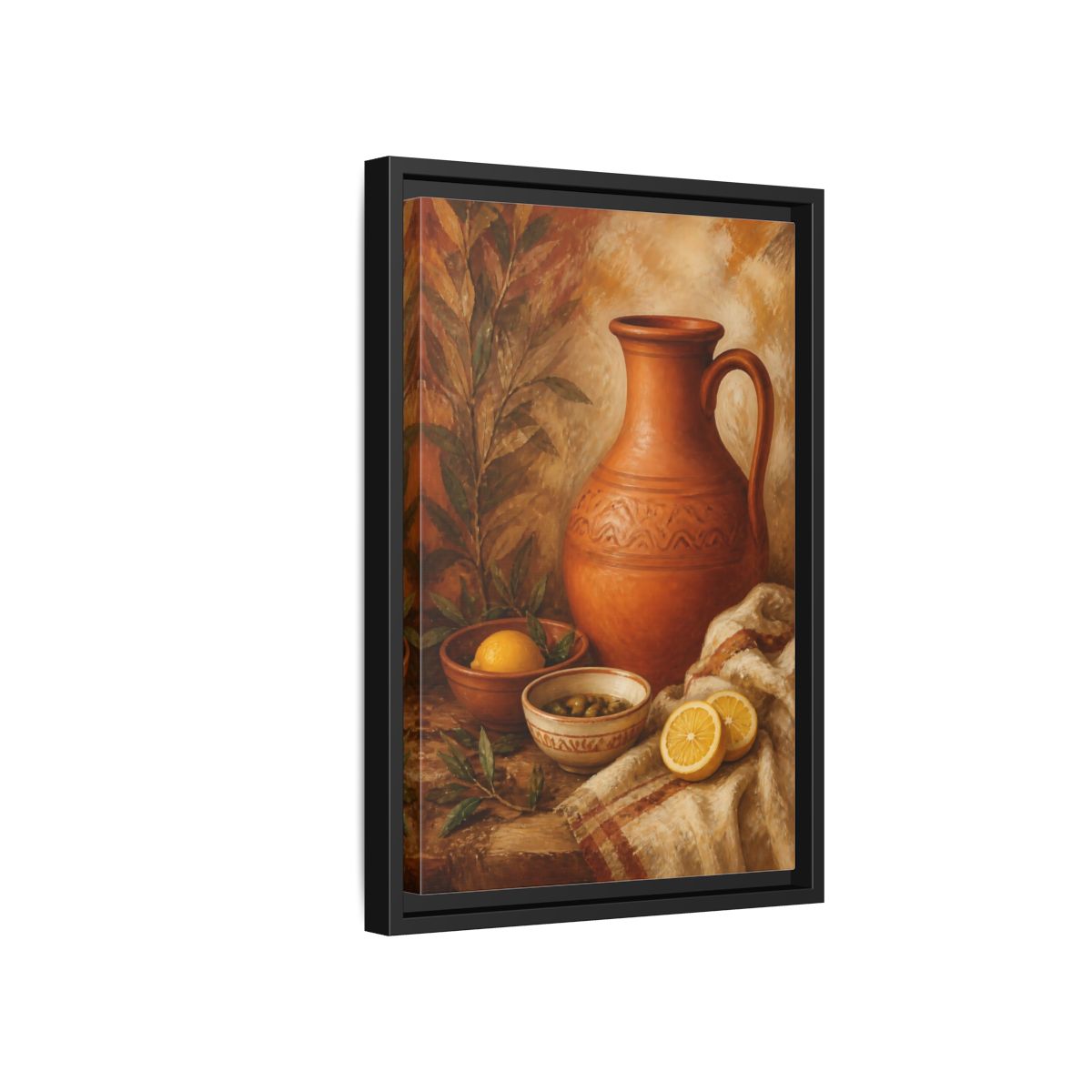 Side Mockup 6. Lemons And Terracotta Jug shown as framed canvas print