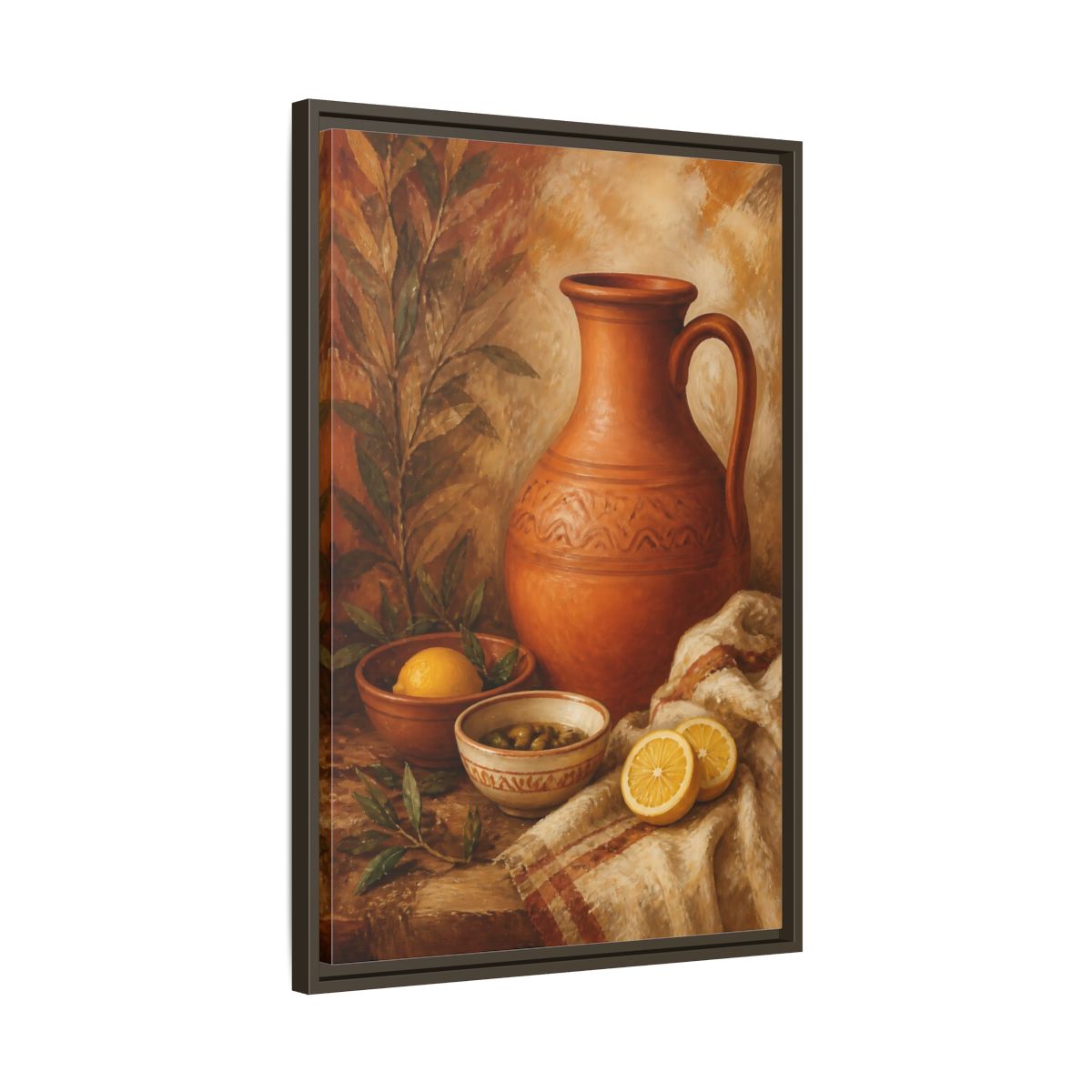 Side Mockup 11. Lemons And Terracotta Jug shown as framed canvas print