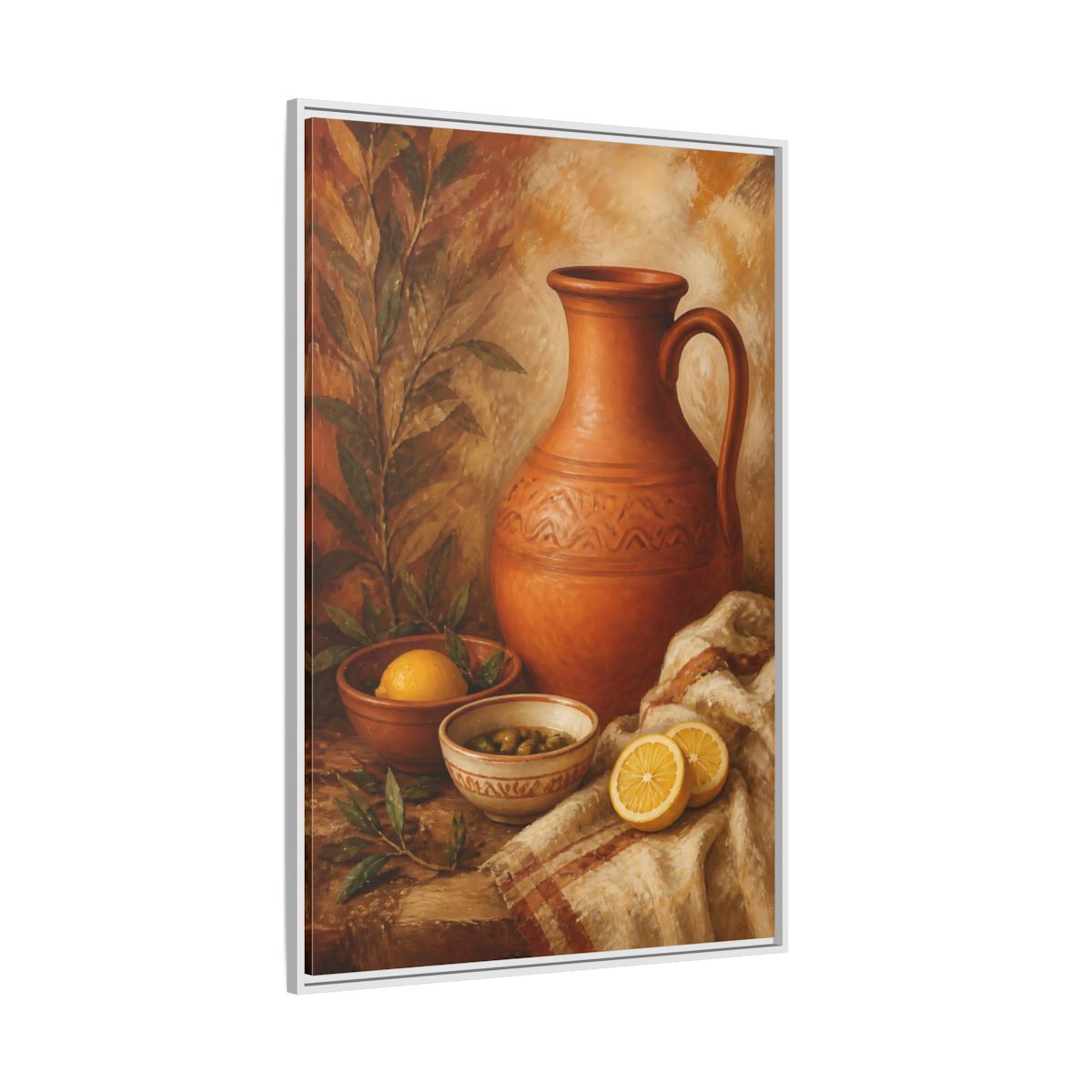 Side Mockup 7. Lemons And Terracotta Jug shown as framed canvas print