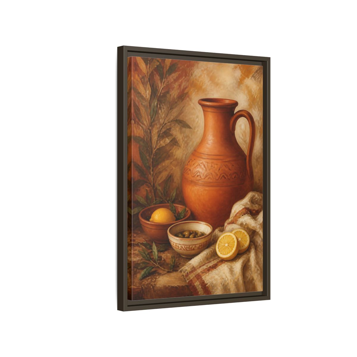 Side Mockup 2. Lemons And Terracotta Jug shown as framed canvas print