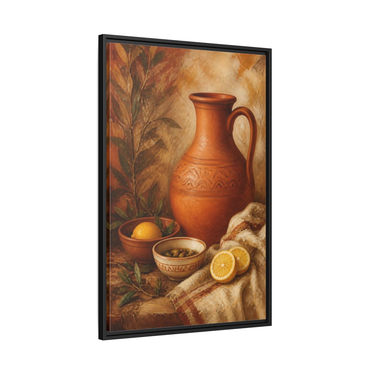 Side Mockup 13. Lemons And Terracotta Jug shown as framed canvas print