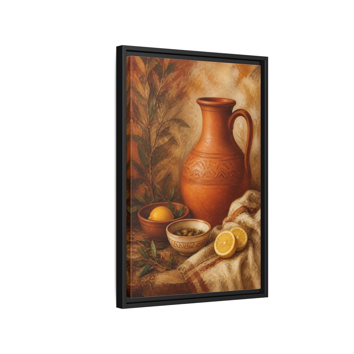 Side Mockup 3. Lemons And Terracotta Jug shown as framed canvas print
