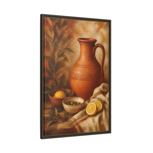Main Mockup. Lemons And Terracotta Jug shown as framed canvas print
