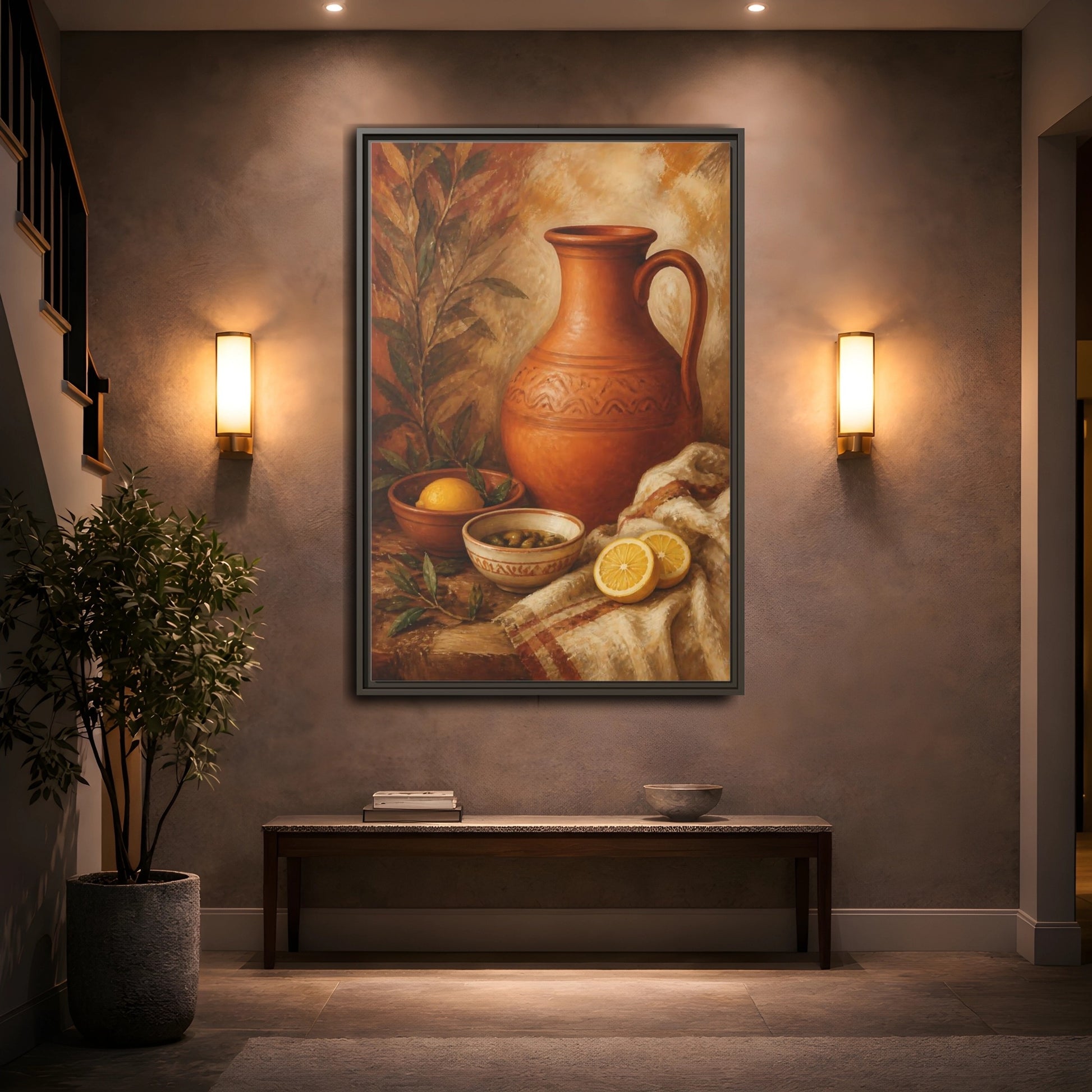 Mockup 2. Lemons And Terracotta Jug shown as framed canvas print
