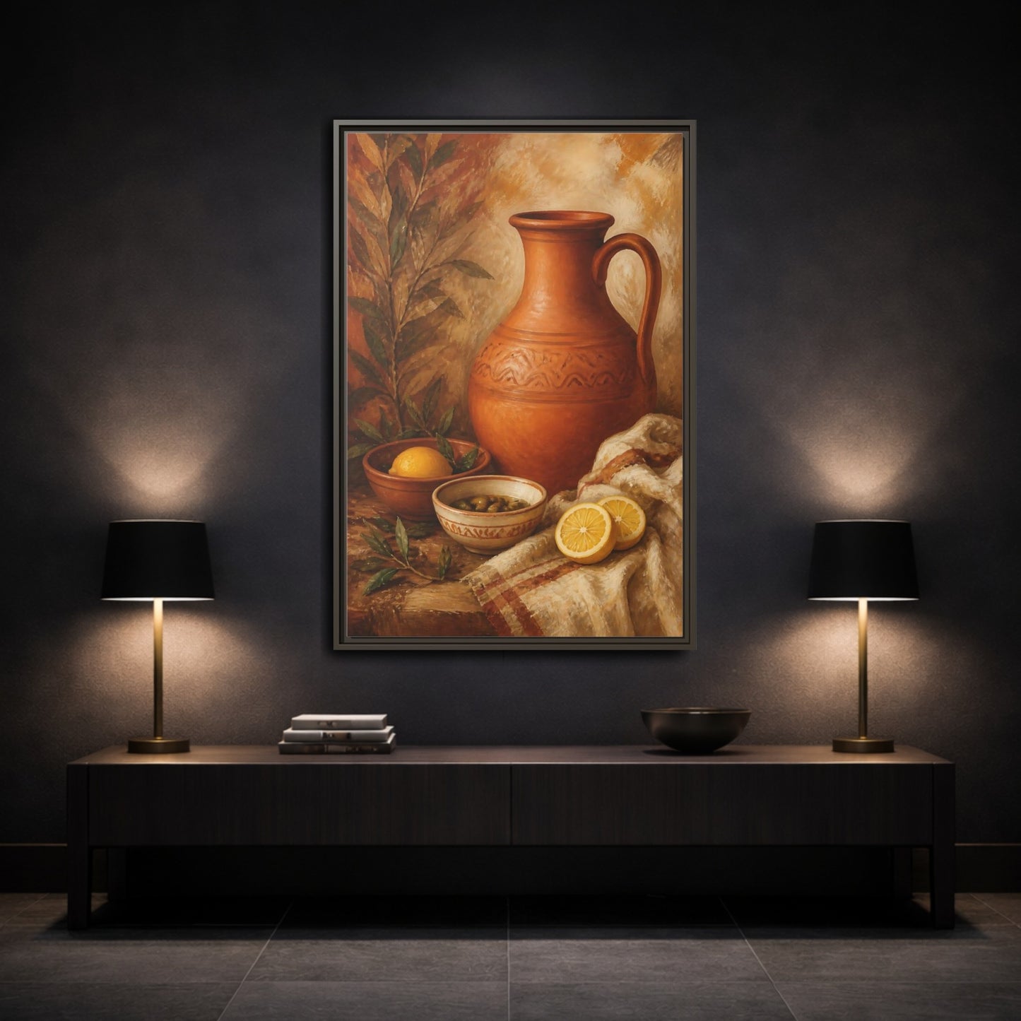 Mockup 3. Lemons And Terracotta Jug shown as framed canvas print