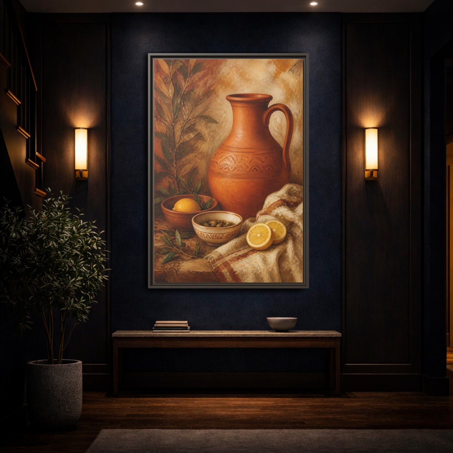 Mockup 4. Lemons And Terracotta Jug shown as framed canvas print